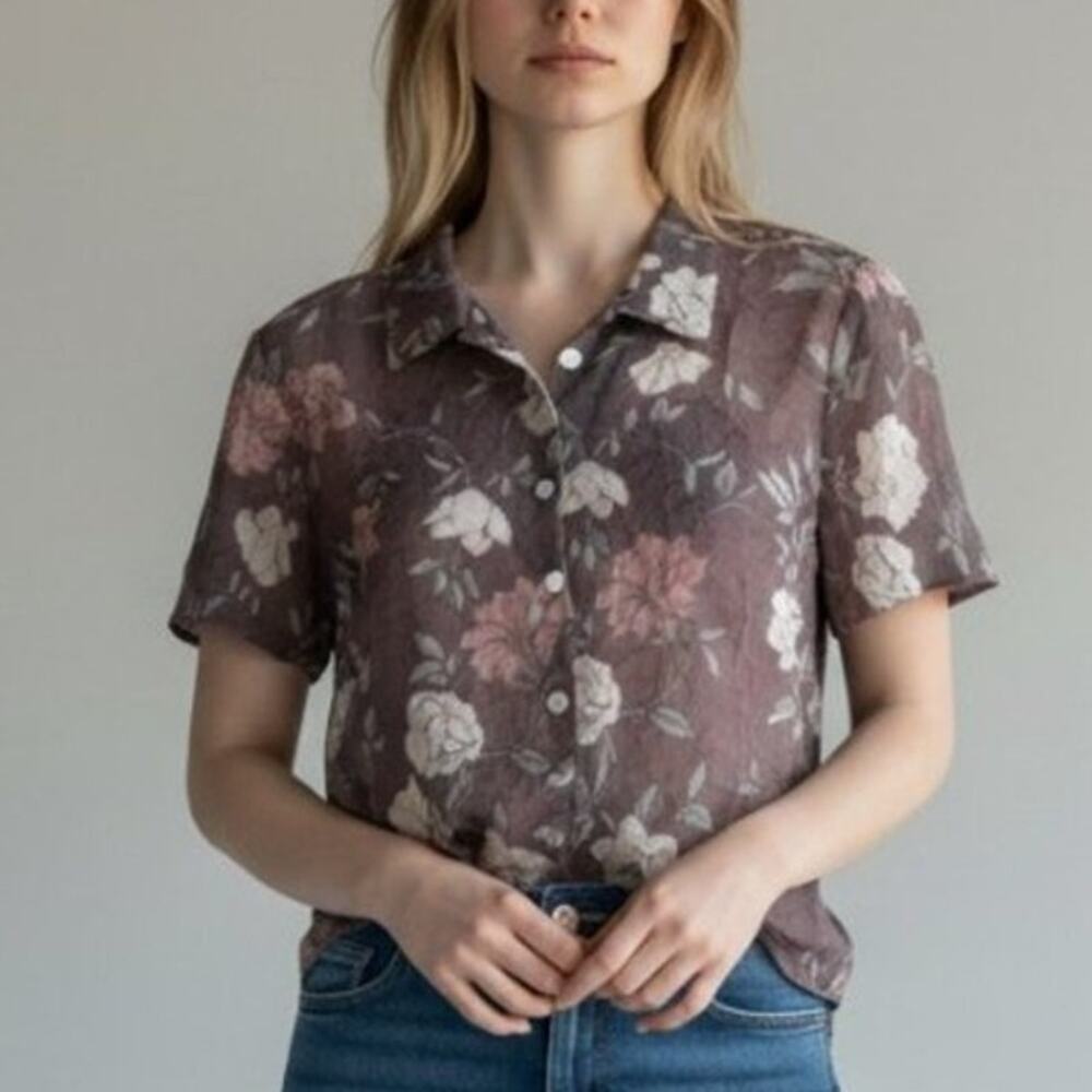 Megan Lee Vintage Brown Sheer Floral Cropped Button Down Blouse Short Sleeve 12